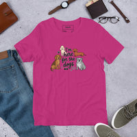 I'm here for the dogs graphic featuring dogs, printed on a light t-shirt, front view