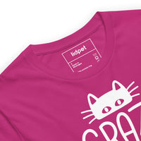 Crazy cat mom graphic featuring a cat, printed on a light t-shirt, front view
