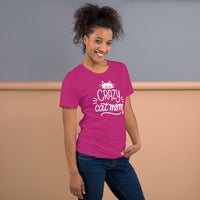 Crazy cat mom graphic featuring a cat, printed on a light t-shirt, front view