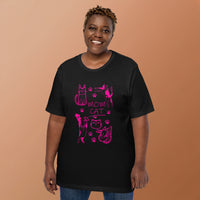 Retro neon Mow CatT cat graphic, printed on a black t-shirt, front view