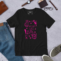 Retro neon Mow CatT cat graphic, printed on a black t-shirt, front view