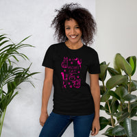 Retro neon Mow CatT cat graphic, printed on a black t-shirt, front view