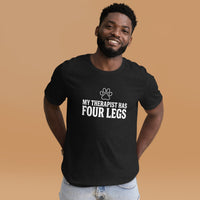 Four-legged therapist graphic featuring a dog, printed on a black t-shirt, front view