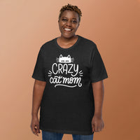 Crazy cat mom graphic featuring a cat, printed on a black t-shirt, front view