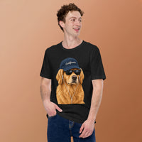 Unisex staple t-shirt showing golden retriever with sunglasses graphic, Black Heather, front view