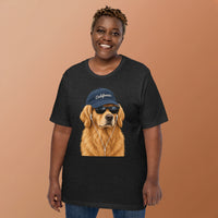 Unisex staple t-shirt showing golden retriever with sunglasses graphic, Black Heather, front view
