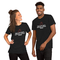 Emotional support human graphic featuring a dog and person, printed on a black t-shirt, front view