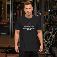 Emotional support human graphic featuring a dog and person, printed on a black t-shirt, front view