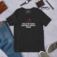 Emotional support human graphic featuring a dog and person, printed on a black t-shirt, front view