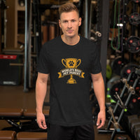 Professional pet servant graphic with a dog, printed on a black t-shirt, front view