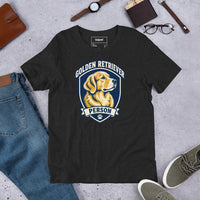 Unisex staple t-shirt showing golden retriever breed badge graphic, Black Heather, front view