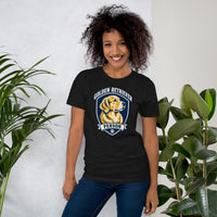 Unisex staple t-shirt showing golden retriever breed badge graphic, Black Heather, front view