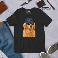 Unisex staple t-shirt showing golden retriever with sunglasses graphic, Black Heather, front view