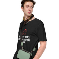 Emotional support human graphic featuring a dog and person, printed on a black t-shirt, front view