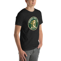 Unisex staple t-shirt showing adopted loved loud rescue dog graphic, Black Heather, right front view