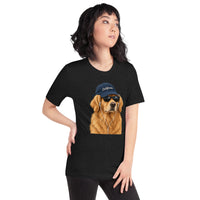 Unisex staple t-shirt showing golden retriever with sunglasses graphic, Black Heather, right front view