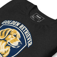 Unisex staple t-shirt showing golden retriever breed badge graphic, Black Heather, front view