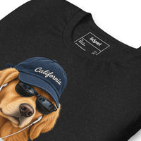 Unisex staple t-shirt showing golden retriever with sunglasses graphic, Black Heather, front view