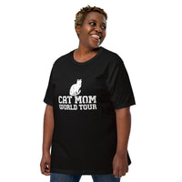 Cat mom world tour graphic featuring a cat, printed on a black t-shirt, front view