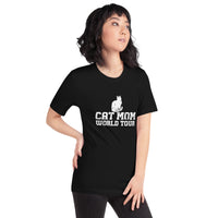 Cat mom world tour graphic featuring a cat, printed on a black t-shirt, front view