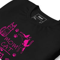 Retro neon Mow CatT cat graphic, printed on a black t-shirt, front view