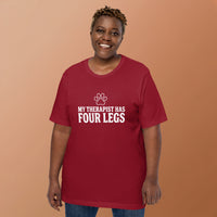 Four-legged therapist graphic featuring a dog, printed on a cardinal t-shirt, front view