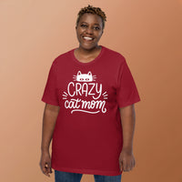 Crazy cat mom graphic featuring a cat, printed on a cardinal t-shirt, front view
