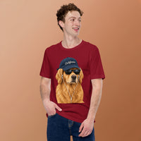 Unisex staple t-shirt showing golden retriever with sunglasses graphic, Cardinal, front view
