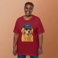 Unisex staple t-shirt showing golden retriever with sunglasses graphic, Cardinal, front view