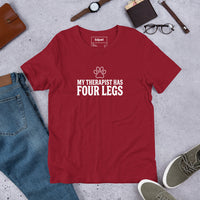 Four-legged therapist graphic featuring a dog, printed on a cardinal t-shirt, front view