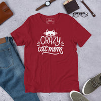 Crazy cat mom graphic featuring a cat, printed on a cardinal t-shirt, front view
