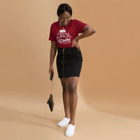 Crazy cat mom graphic featuring a cat, printed on a cardinal t-shirt, front view