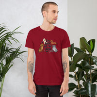 I'm here for the dogs graphic featuring dogs, printed on a cardinal t-shirt, front view