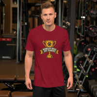 Professional pet servant graphic with a dog, printed on a cardinal t-shirt, front view