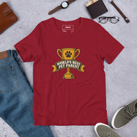 Professional pet servant graphic with a dog, printed on a cardinal t-shirt, front view