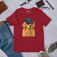 Unisex staple t-shirt showing golden retriever with sunglasses graphic, Cardinal, front view