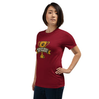 Professional pet servant graphic with a dog, printed on a cardinal t-shirt, front view