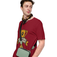 Professional pet servant graphic with a dog, printed on a cardinal t-shirt, front view