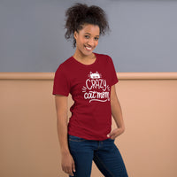 Crazy cat mom graphic featuring a cat, printed on a cardinal t-shirt, front view