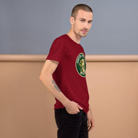 Unisex staple t-shirt showing adopted loved loud rescue dog graphic, Cardinal, front view