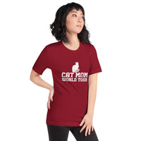 Cat mom world tour graphic featuring a cat, printed on a cardinal t-shirt, front view