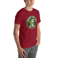 Unisex staple t-shirt showing adopted loved loud rescue dog graphic, Cardinal, right front view