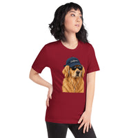 Unisex staple t-shirt showing golden retriever with sunglasses graphic, Cardinal, right front view