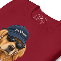 Unisex staple t-shirt showing golden retriever with sunglasses graphic, Cardinal, front view