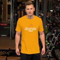 Emotional support human graphic featuring a dog and person, printed on a light t-shirt, front view
