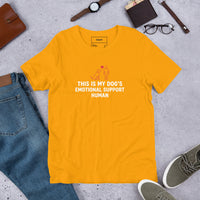 Emotional support human graphic featuring a dog and person, printed on a light t-shirt, front view