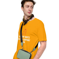 Emotional support human graphic featuring a dog and person, printed on a light t-shirt, front view