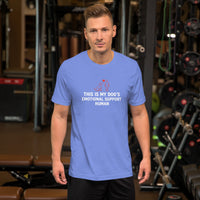 Emotional support human graphic featuring a dog and person, printed on a heather t-shirt, front view