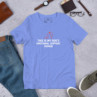 Emotional support human graphic featuring a dog and person, printed on a heather t-shirt, front view