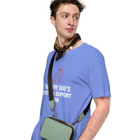 Emotional support human graphic featuring a dog and person, printed on a heather t-shirt, front view
